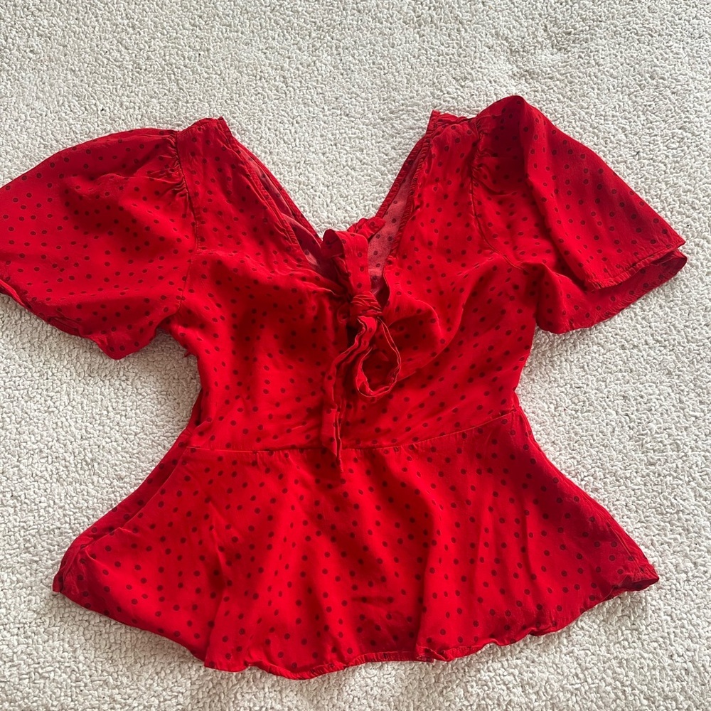 a new day romantic cottage vibrant Red and Black Polka Dot Blouse XS - Picture 7 of 12